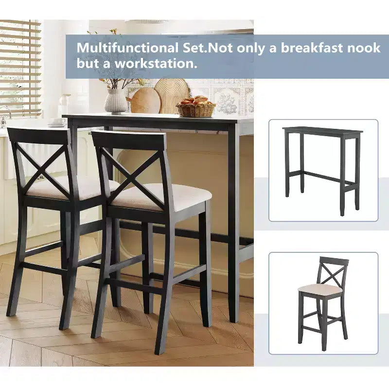 Ensemble de table à manger rectangulaire en bois hauteur bar de 47,5 po, coin repas de cuisine avec 2 chaises pour petits espaces