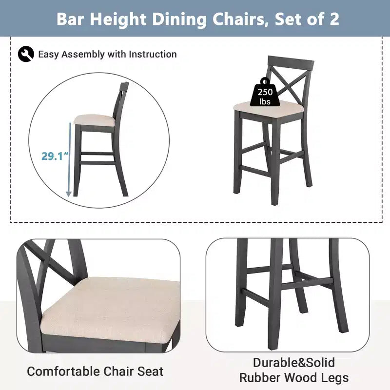 Ensemble de table à manger rectangulaire en bois hauteur bar de 47,5 po, coin repas de cuisine avec 2 chaises pour petits espaces