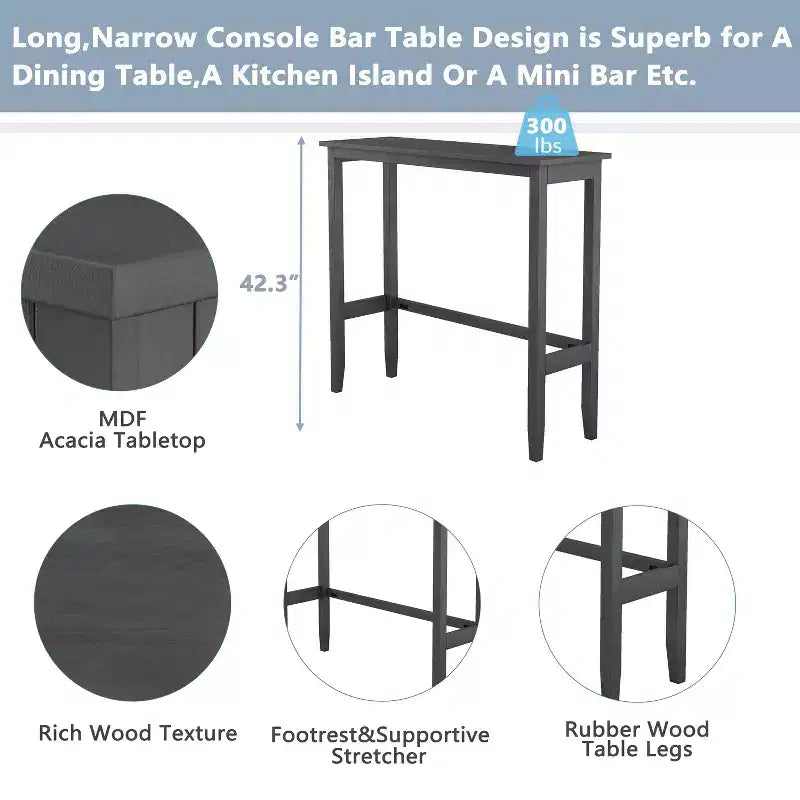 Ensemble de table à manger rectangulaire en bois hauteur bar de 47,5 po, coin repas de cuisine avec 2 chaises pour petits espaces