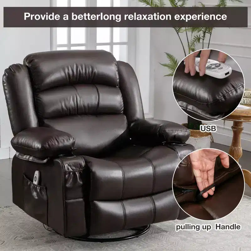 Fauteuil inclinable en cuir de 101 cm de large avec fonction bascule, télécommande, capitonnage et rangement