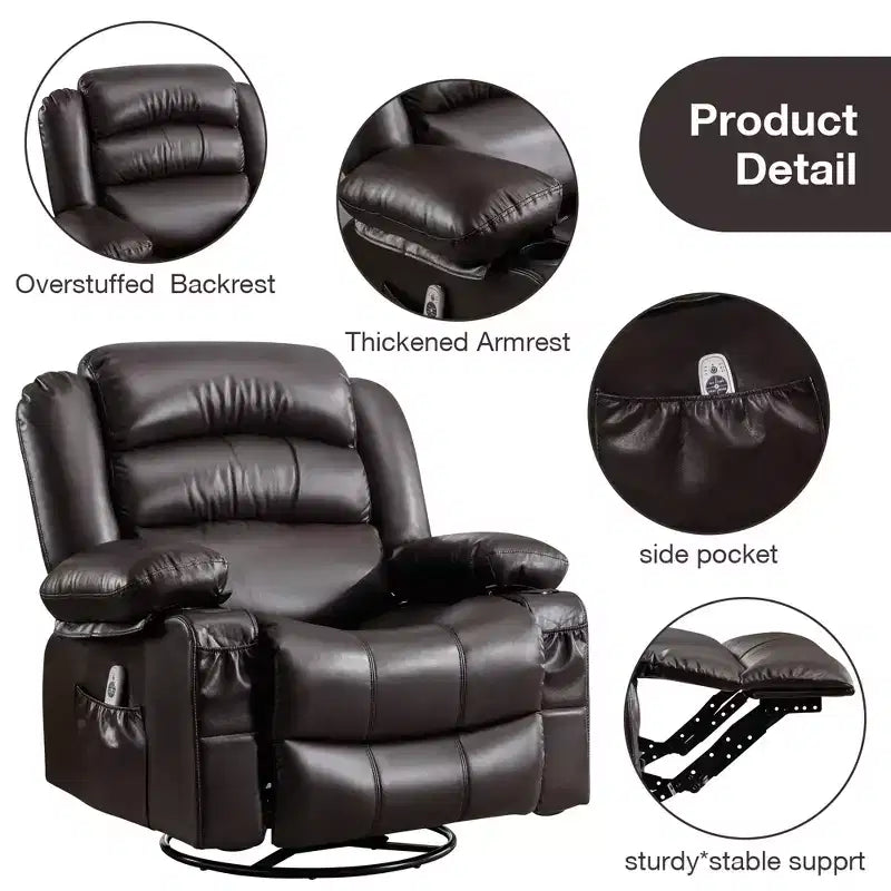 Fauteuil inclinable en cuir de 101 cm de large avec fonction bascule, télécommande, capitonnage et rangement
