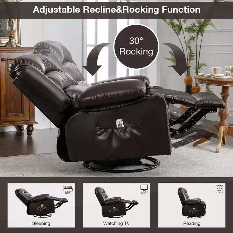 Fauteuil inclinable en cuir de 101 cm de large avec fonction bascule, télécommande, capitonnage et rangement