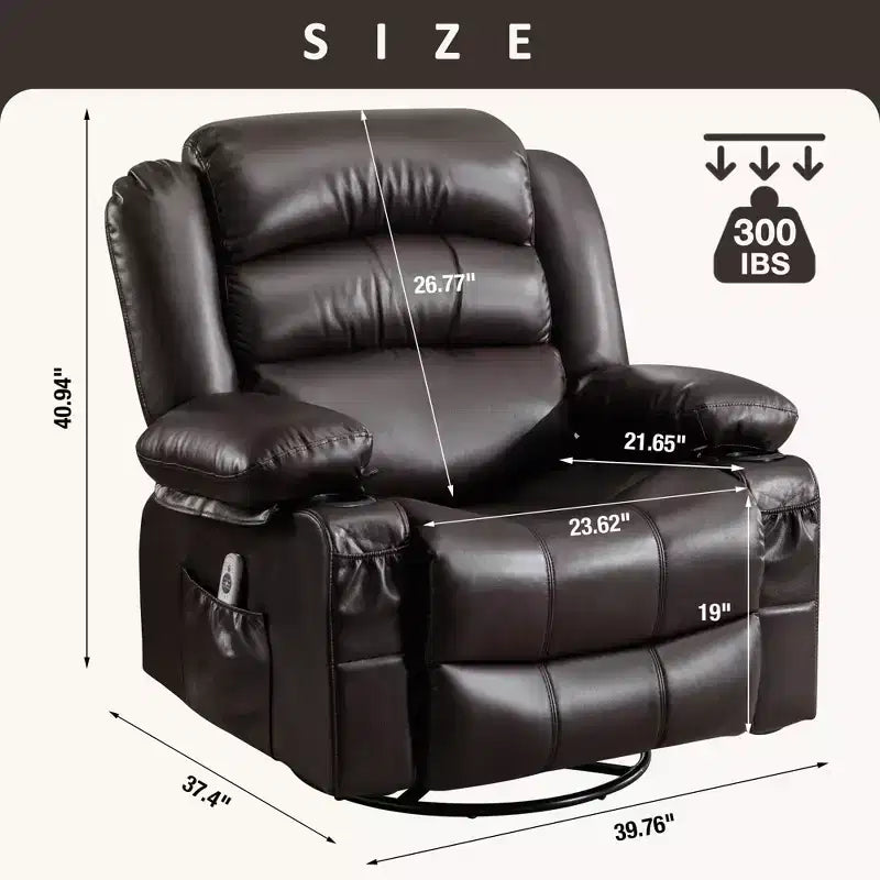 Fauteuil inclinable en cuir de 101 cm de large avec fonction bascule, télécommande, capitonnage et rangement
