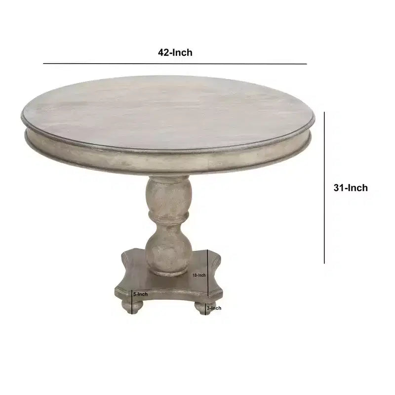Table à manger artisanale en bois de manguier de 42 pouces, pied central, plateau rond moulé