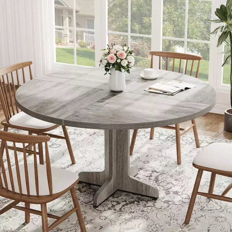 Table de salle à manger ronde pour 4, table de cuisine circulaire de 119 cm de style rustique avec plateau en bois et base stable