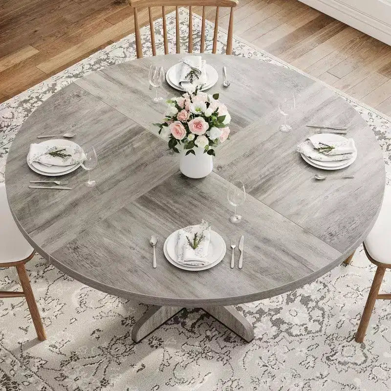 Table de salle à manger ronde pour 4, table de cuisine circulaire de 119 cm de style rustique avec plateau en bois et base stable