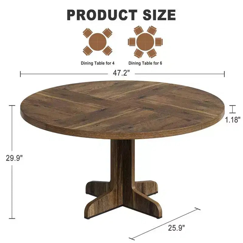 Table de salle à manger ronde pour 4, table de cuisine circulaire de 119 cm de style rustique avec plateau en bois et base stable