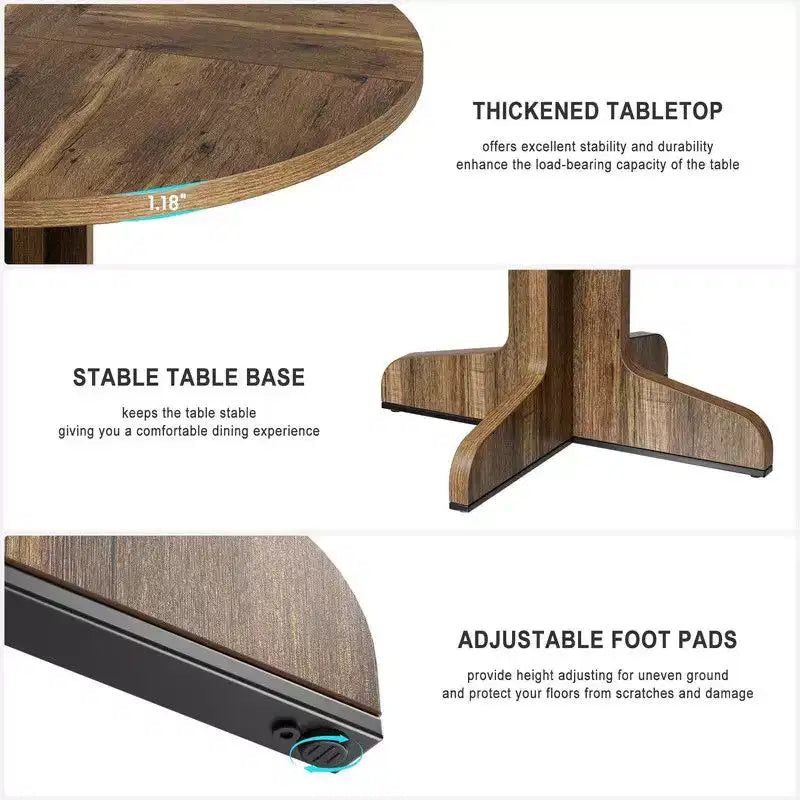Table de salle à manger ronde pour 4, table de cuisine circulaire de 119 cm de style rustique avec plateau en bois et base stable