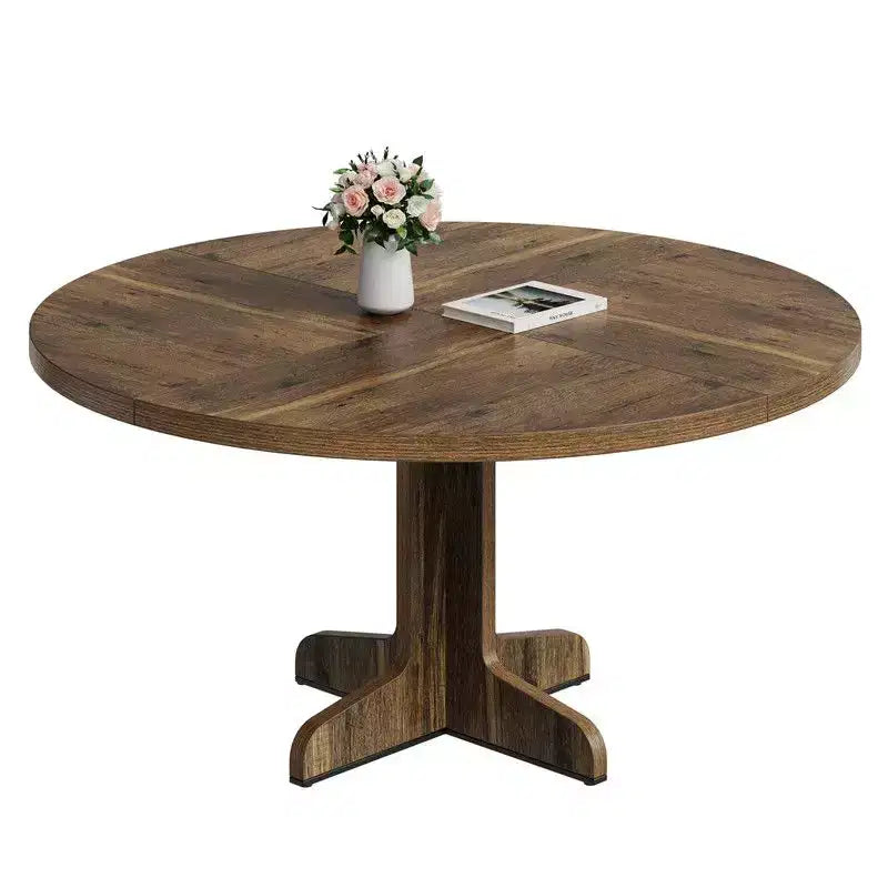 Table de salle à manger ronde pour 4, table de cuisine circulaire de 119 cm de style rustique avec plateau en bois et base stable