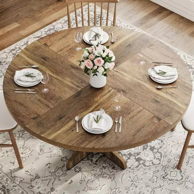 Table de salle à manger ronde pour 4, table de cuisine circulaire de 119 cm de style rustique avec plateau en bois et base stable