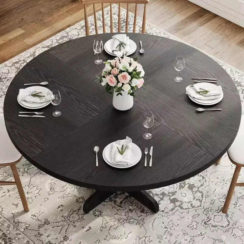 Table de salle à manger ronde pour 4, table de cuisine circulaire de 119 cm de style rustique avec plateau en bois et base stable