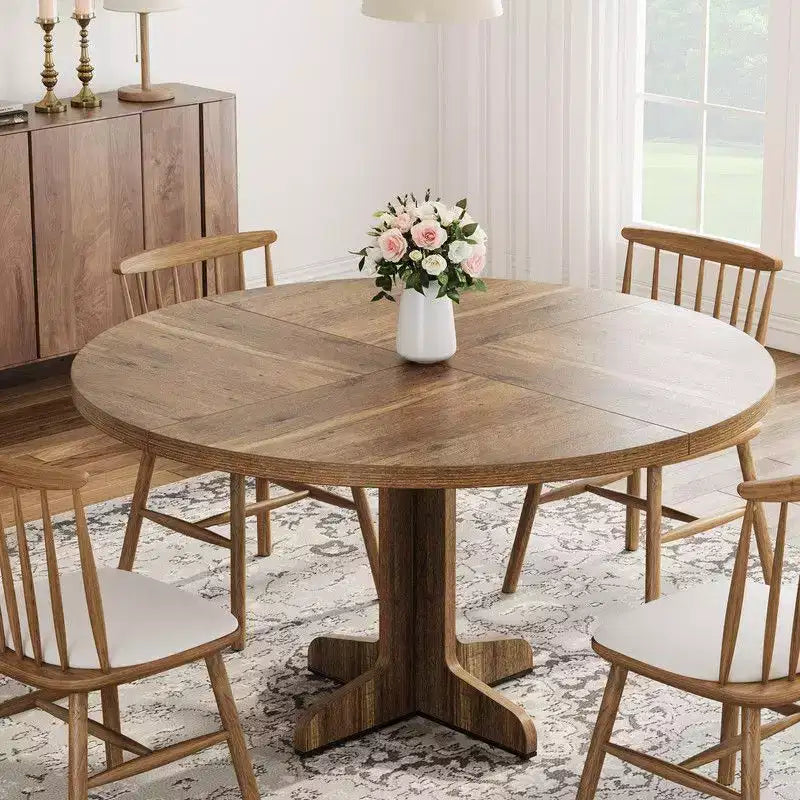 Table de salle à manger ronde pour 4, table de cuisine circulaire de 119 cm de style rustique avec plateau en bois et base stable