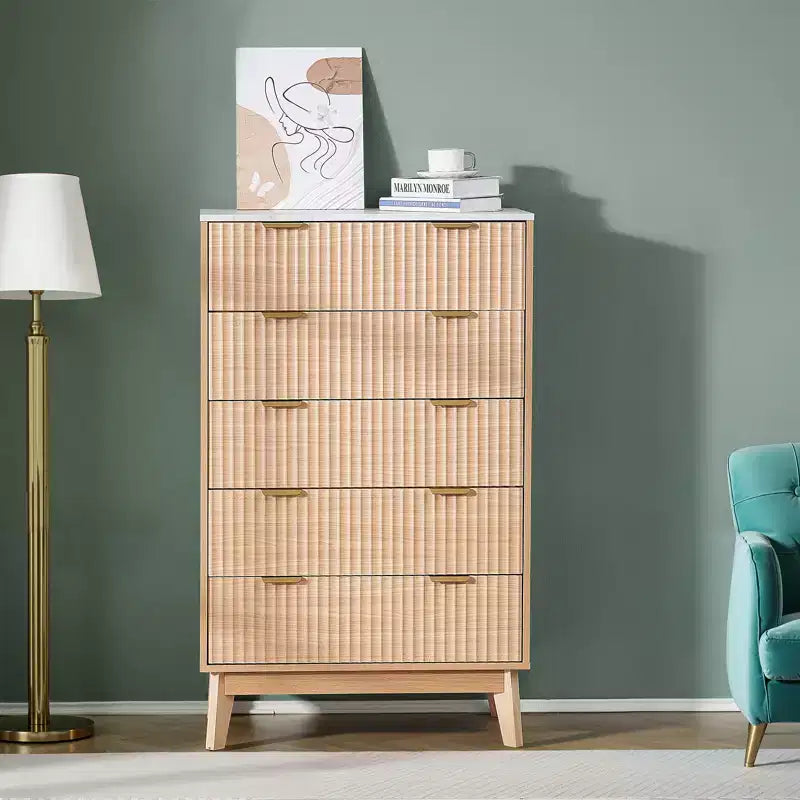 Commode à 5 tiroirs cannelés, meuble de rangement en bois avec dispositif coulissant et anti-basculement, commode moderne minimaliste, beige