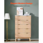 Commode à 5 tiroirs cannelés, meuble de rangement en bois avec dispositif coulissant et anti-basculement, commode moderne minimaliste, beige