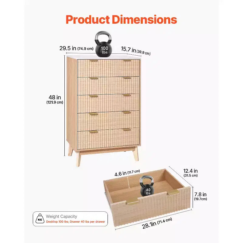 Commode à 5 tiroirs cannelés, meuble de rangement en bois avec dispositif coulissant et anti-basculement, commode moderne minimaliste, beige