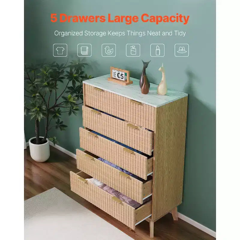 Commode à 5 tiroirs cannelés, meuble de rangement en bois avec dispositif coulissant et anti-basculement, commode moderne minimaliste, beige
