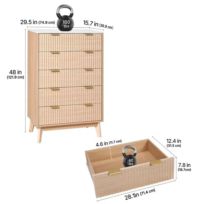 Commode à 5 tiroirs cannelés, meuble de rangement en bois avec dispositif coulissant et anti-basculement, commode moderne minimaliste, beige