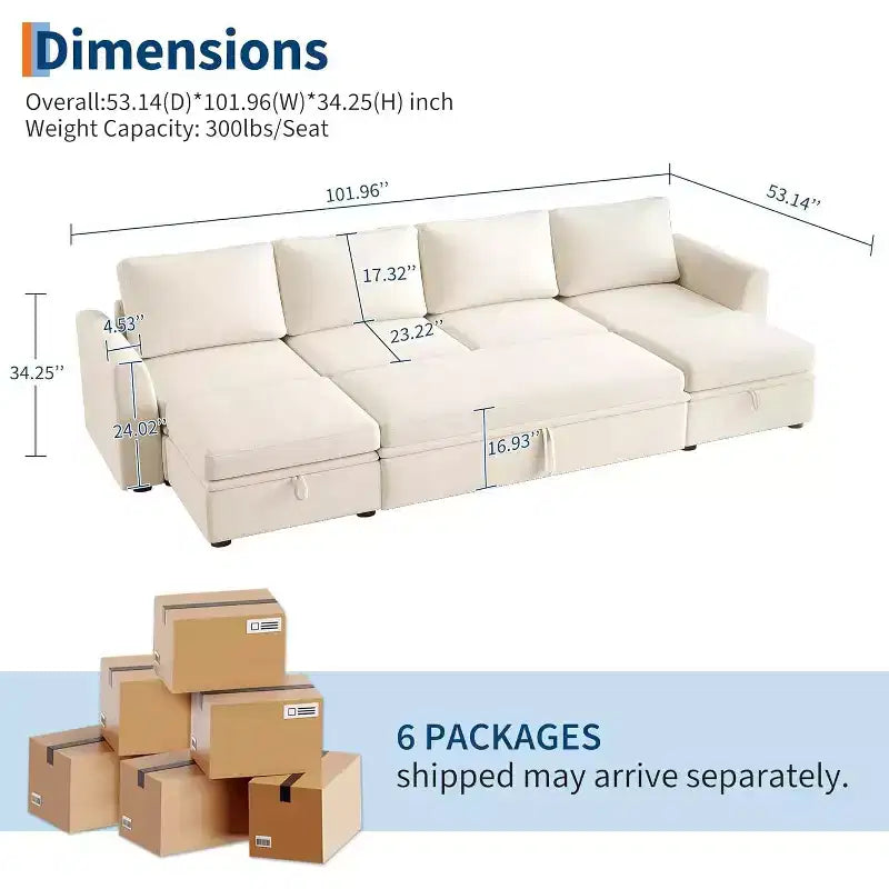 Canapé d'angle modulable en chenille avec lit gigogne, sièges de rangement et ottoman, convertible pour salon