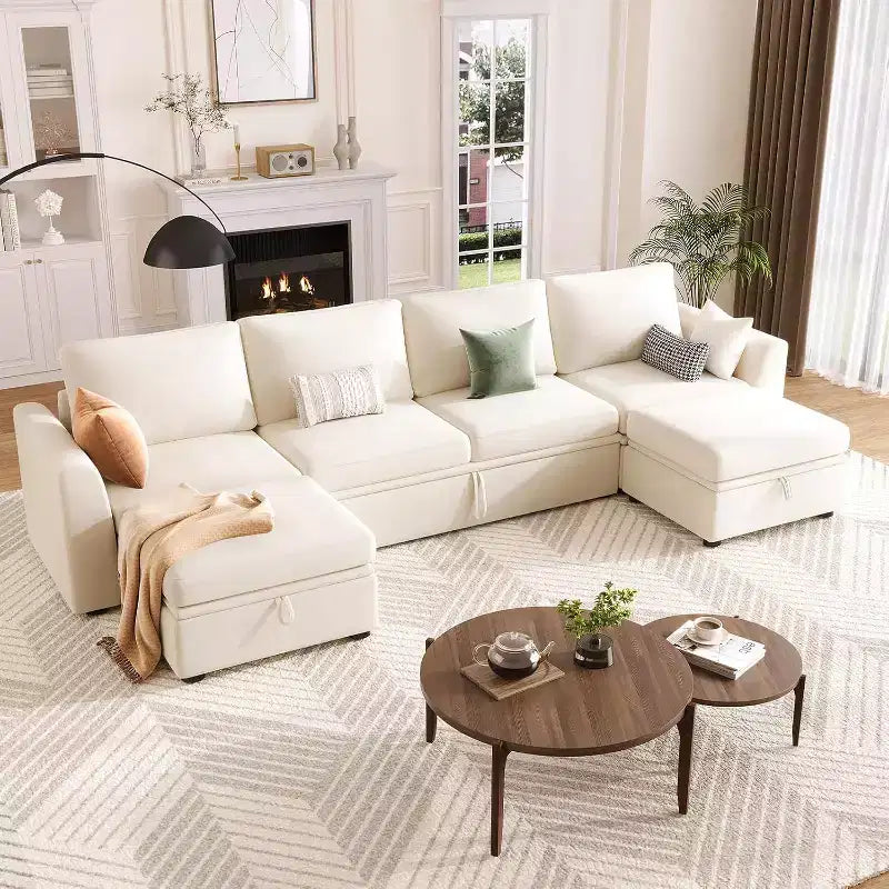 Canapé d'angle modulable en chenille avec lit gigogne, sièges de rangement et ottoman, convertible pour salon