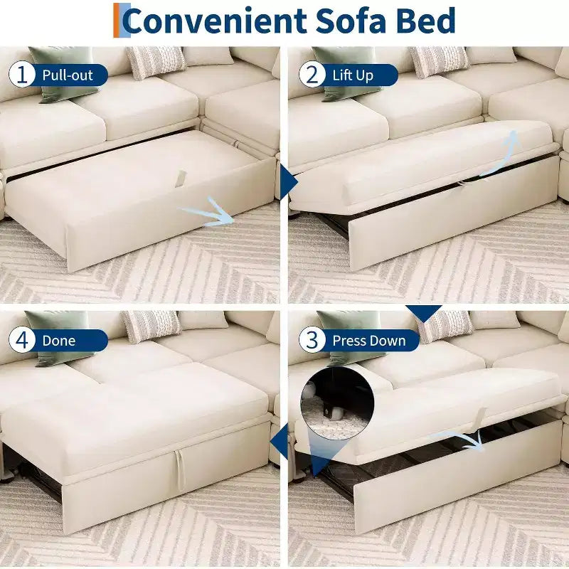 Canapé d'angle modulable en chenille avec lit gigogne, sièges de rangement et ottoman, convertible pour salon