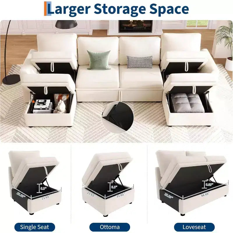 Canapé d'angle modulable en chenille avec lit gigogne, sièges de rangement et ottoman, convertible pour salon