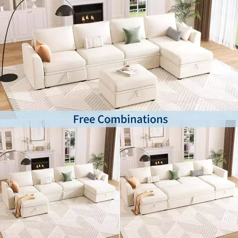 Canapé d'angle modulable en chenille avec lit gigogne, sièges de rangement et ottoman, convertible pour salon