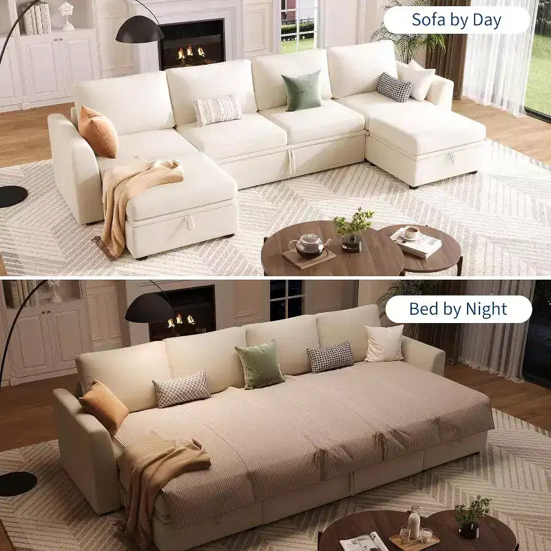 Canapé d'angle modulable en chenille avec lit gigogne, sièges de rangement et ottoman, convertible pour salon