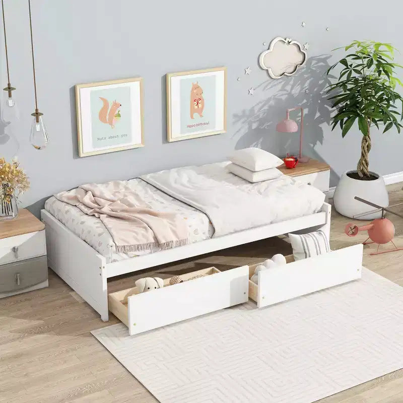 MAYEERTY Twin Size Bed with 2 Drawers Solid Rubber Wood White for Bedroom