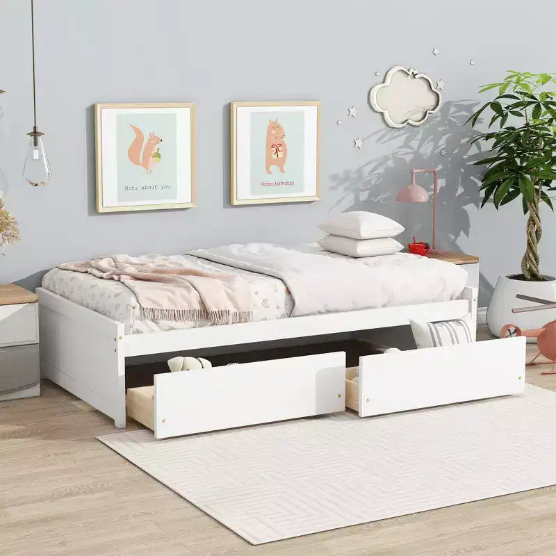 Lit simple avec 2 tiroirs en bois d'hévéa massif blanc pour chambre à coucher