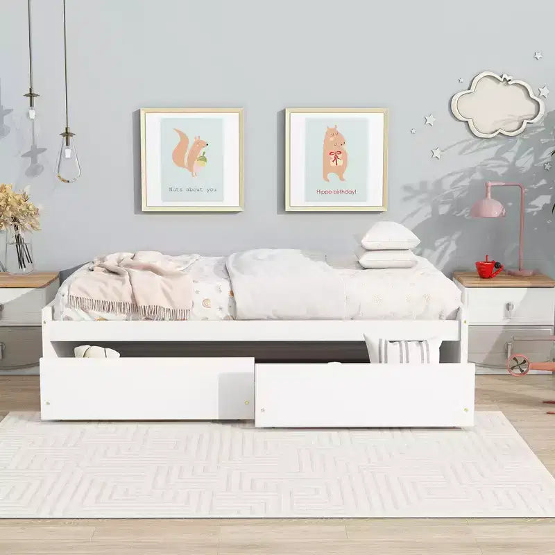 Lit simple avec 2 tiroirs en bois d'hévéa massif blanc pour chambre à coucher