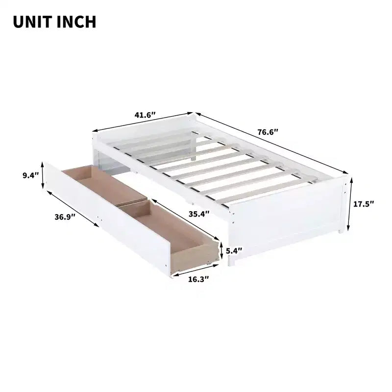 Lit simple avec 2 tiroirs en bois d'hévéa massif blanc pour chambre à coucher