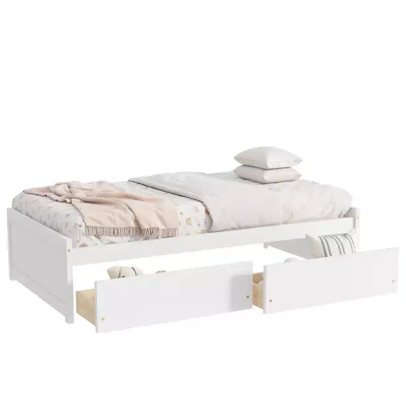 Lit simple avec 2 tiroirs en bois d'hévéa massif blanc pour chambre à coucher