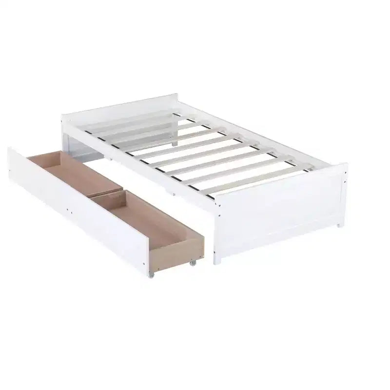 Lit simple avec 2 tiroirs en bois d'hévéa massif blanc pour chambre à coucher