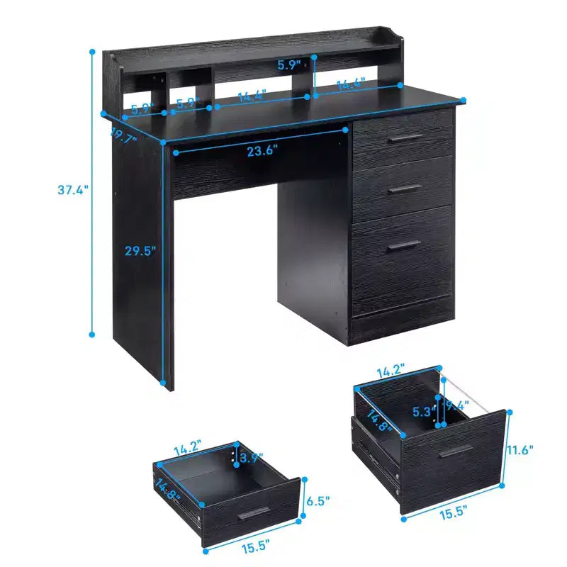 Bureau d'ordinateur rectangulaire de 109,9 cm de large avec étagère supérieure