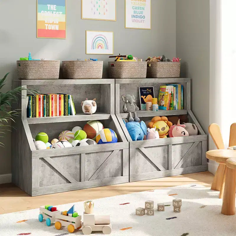 Étagère à Livres et Rangement de Jouets pour Enfants, Organisateur de Jouets à 2 Niveaux avec Armoire de Rangement, Bibliothèque pour Tout-Petits à 2 Étagères pour Salle de Jeux, Chambre, Salon, Salle de Classe