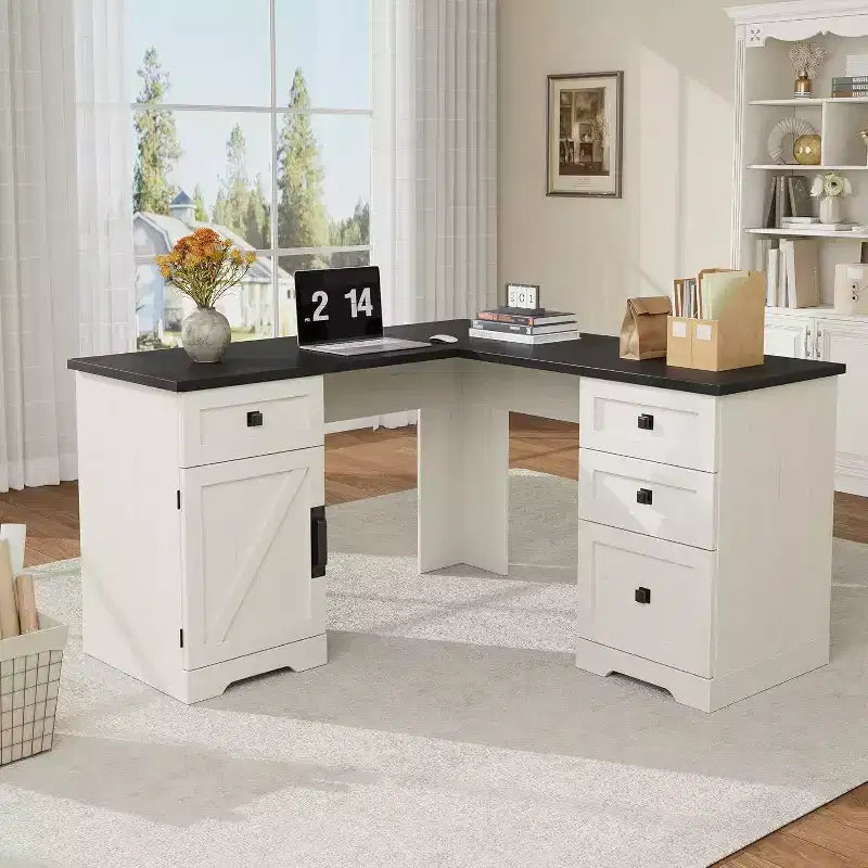 Bureau d'angle de direction en forme de L style ferme avec tiroirs de classement et meuble de rangement réglable, pour bureau à domicile