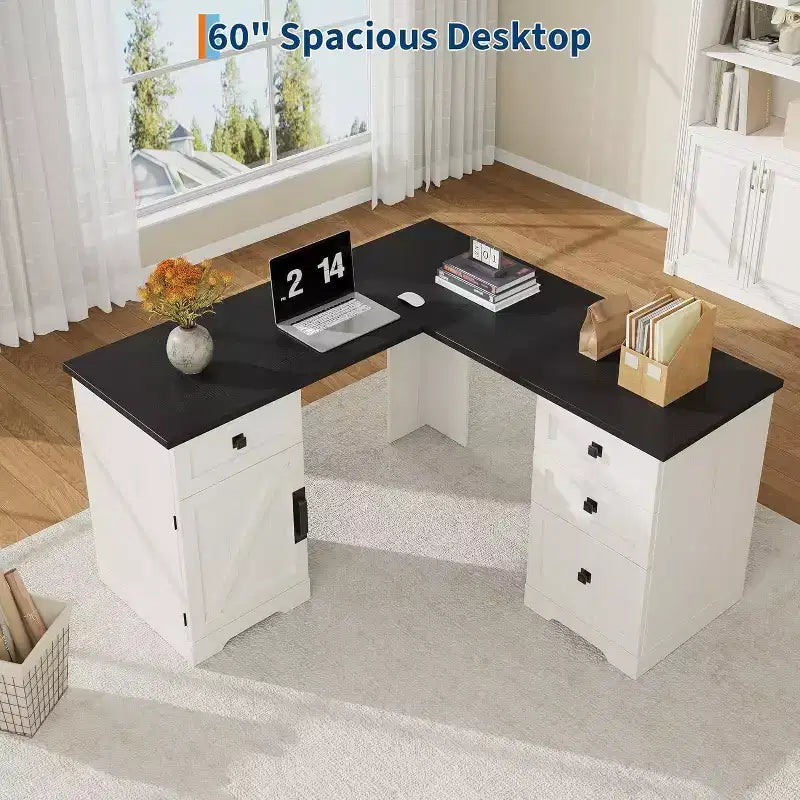 Bureau d'angle de direction en forme de L style ferme avec tiroirs de classement et meuble de rangement réglable, pour bureau à domicile