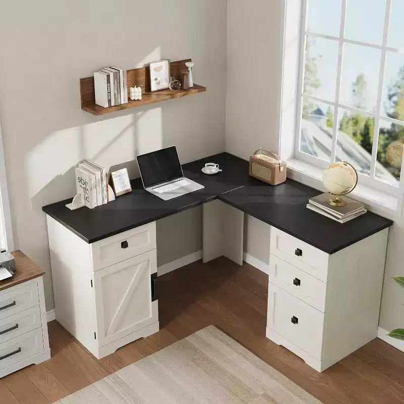 Bureau d'angle de direction en forme de L style ferme avec tiroirs de classement et meuble de rangement réglable, pour bureau à domicile