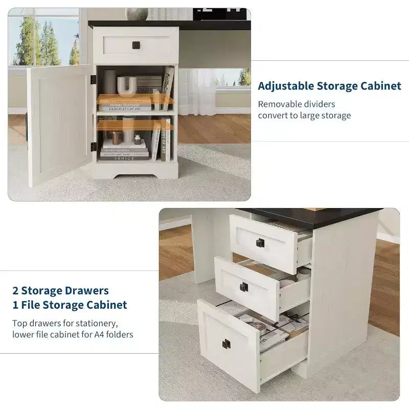 Bureau d'angle de direction en forme de L style ferme avec tiroirs de classement et meuble de rangement réglable, pour bureau à domicile