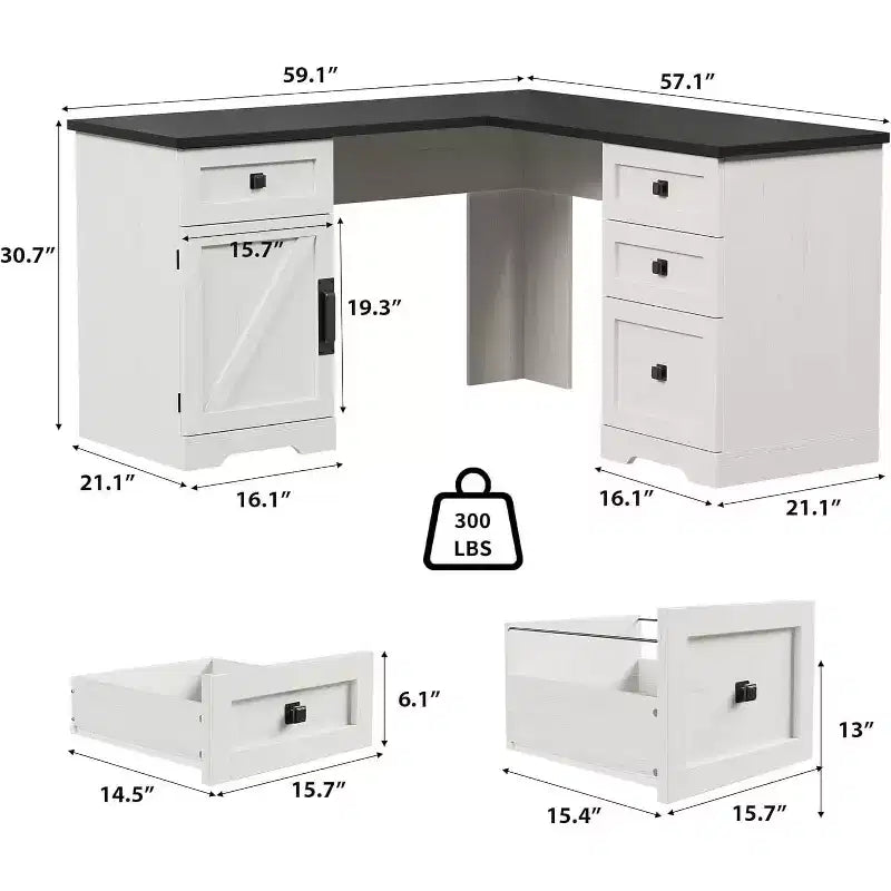 Bureau d'angle de direction en forme de L style ferme avec tiroirs de classement et meuble de rangement réglable, pour bureau à domicile