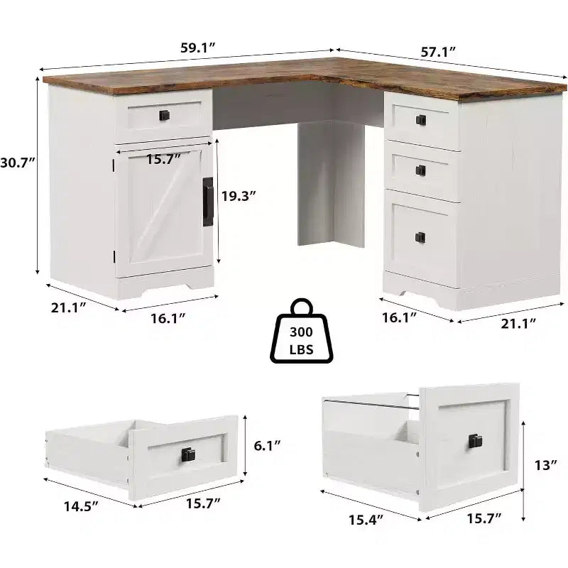 Bureau d'angle de direction en forme de L style ferme avec tiroirs de classement et meuble de rangement réglable, pour bureau à domicile