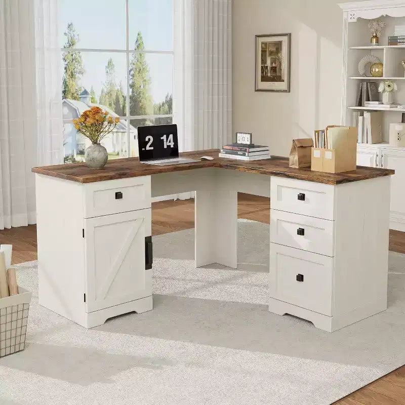 Bureau d'angle de direction en forme de L style ferme avec tiroirs de classement et meuble de rangement réglable, pour bureau à domicile