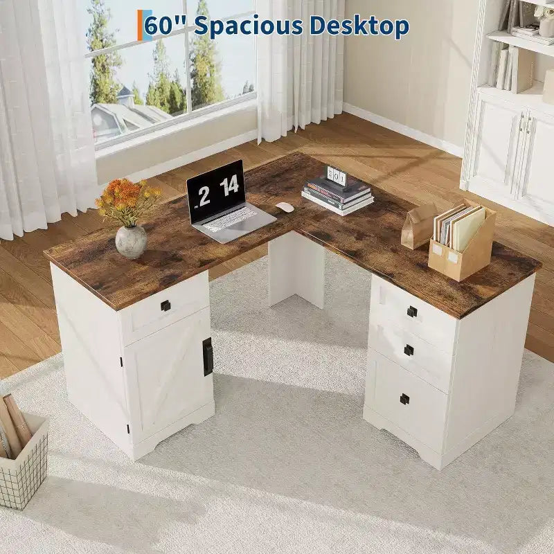 Bureau d'angle de direction en forme de L style ferme avec tiroirs de classement et meuble de rangement réglable, pour bureau à domicile