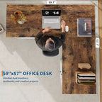 Bureau d'angle de direction en forme de L style ferme avec tiroirs de classement et meuble de rangement réglable, pour bureau à domicile