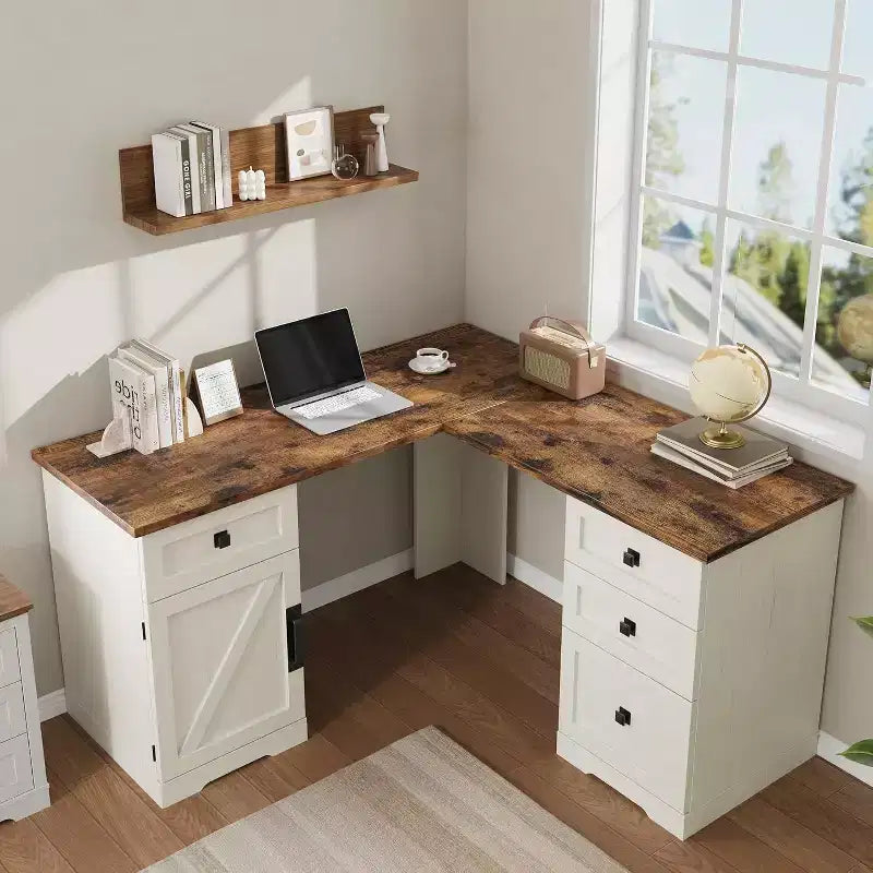 Bureau d'angle de direction en forme de L style ferme avec tiroirs de classement et meuble de rangement réglable, pour bureau à domicile