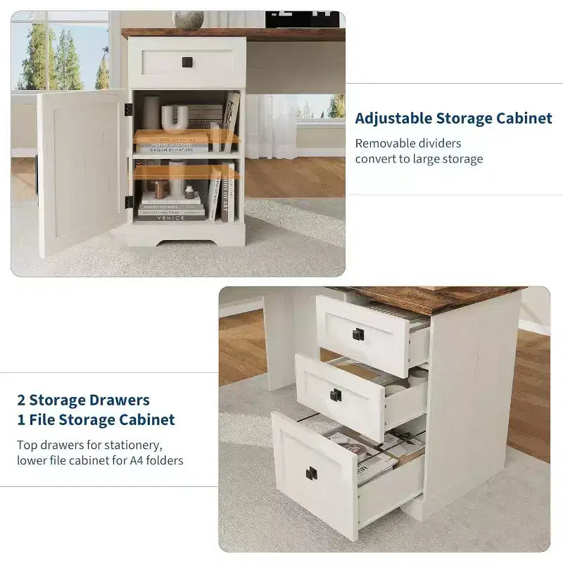 Bureau d'angle de direction en forme de L style ferme avec tiroirs de classement et meuble de rangement réglable, pour bureau à domicile