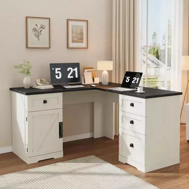 Bureau d'angle de direction en forme de L style ferme avec tiroirs de classement et meuble de rangement réglable, pour bureau à domicile