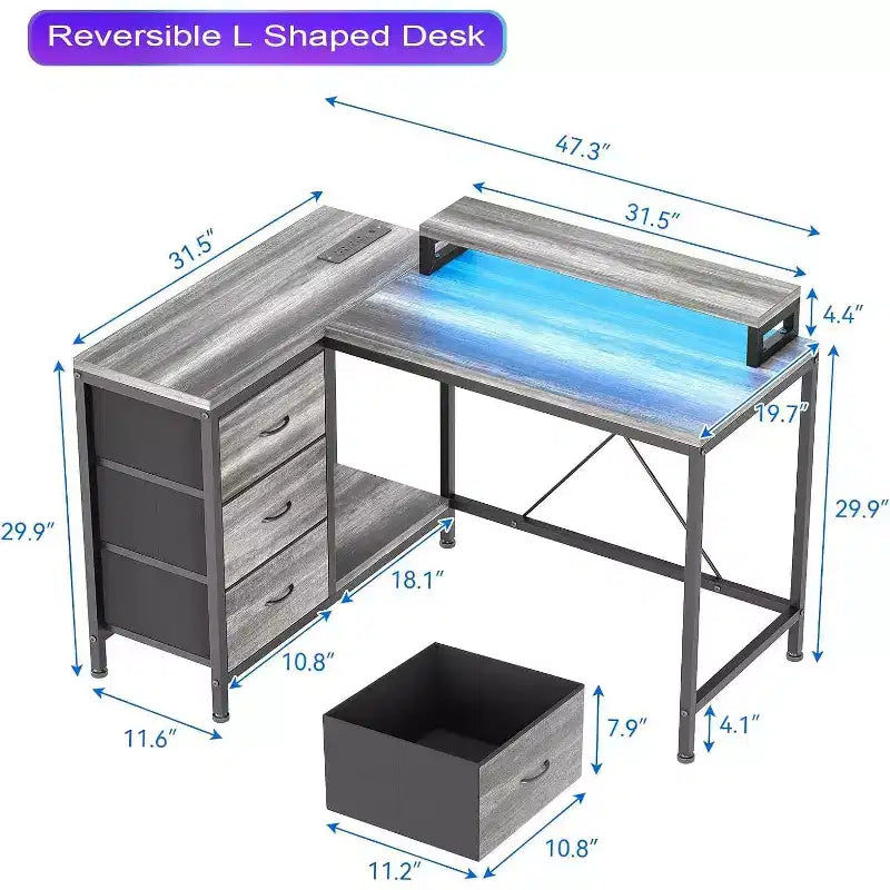 Bureau de jeu en L avec lumières LED, prises électriques, tiroirs et étagères, bureau d'angle pour ordinateur pour bureau à domicile, noir