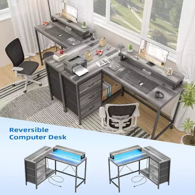 Bureau de jeu en L avec lumières LED, prises électriques, tiroirs et étagères, bureau d'angle pour ordinateur pour bureau à domicile, noir