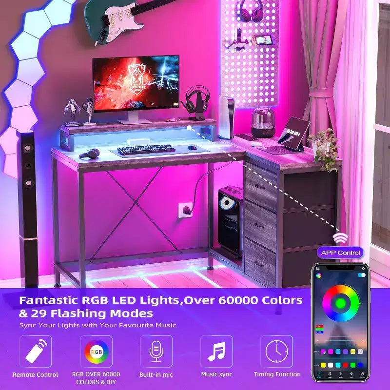 Bureau de jeu en L avec lumières LED, prises électriques, tiroirs et étagères, bureau d'angle pour ordinateur pour bureau à domicile, noir